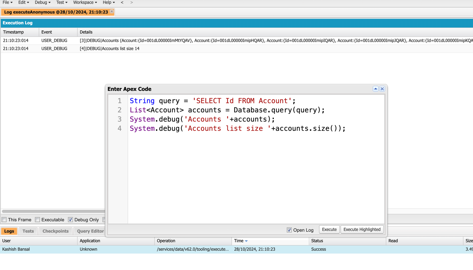 Databse.query output